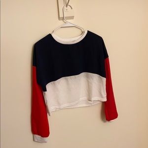 Crop color block sweater long sleeve red blue